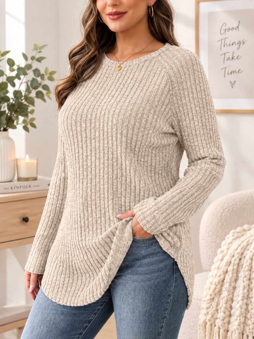Saloogoe Women’s Long Sleeve Tunic Top Loose Fit Crewneck Curved Hem